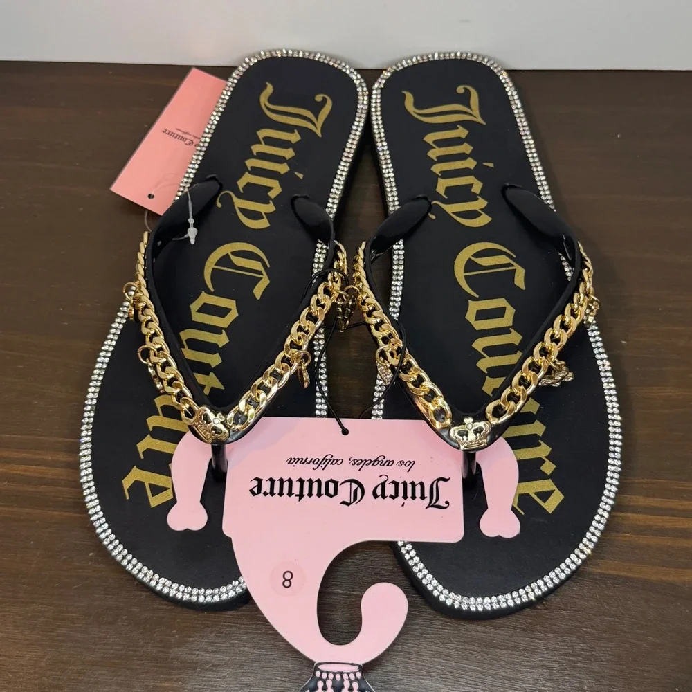 Juicy Couture JC-Solja Flip Flop Sandal Gold Chain Charm Rhinestone Black 8 New
